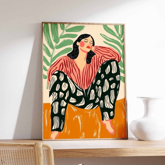 Reclining Woman in Coral Striped Blouse Colorful Botanical Poster
