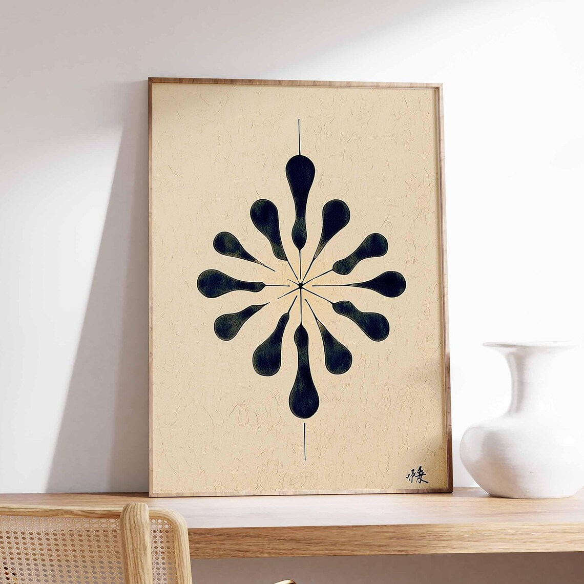 Black Ink Teardrop Blossom Radial Japanese Minimalist Art Poster