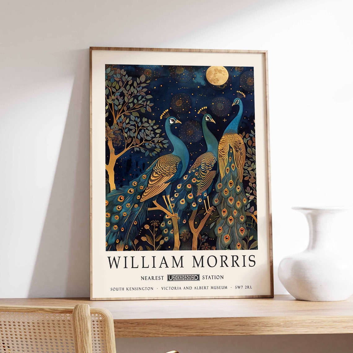 William Morris Three Peacocks Under Golden Full Moon Night Poster