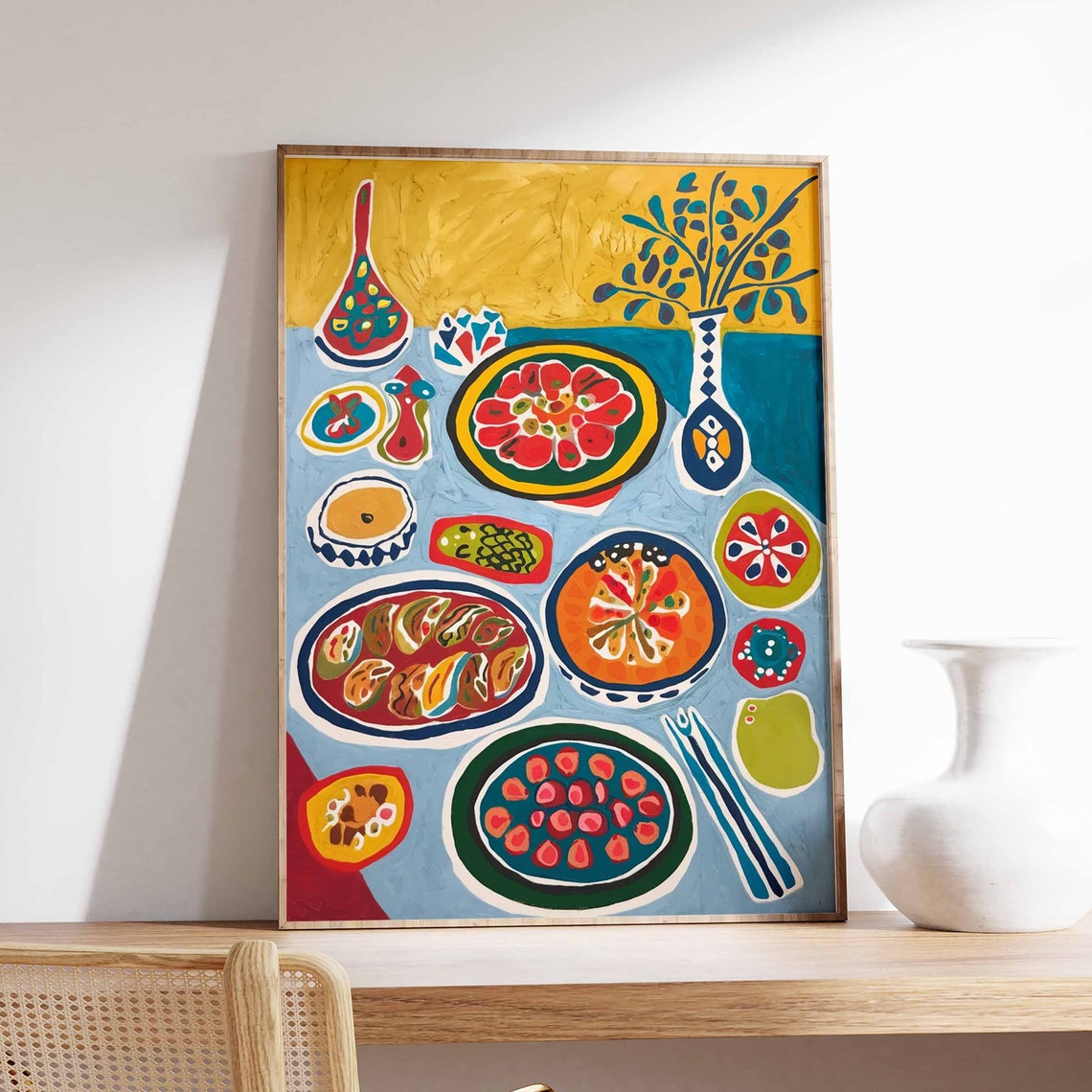 Colorful Folk Art Feast Table Dumplings Citrus Pattern Poster