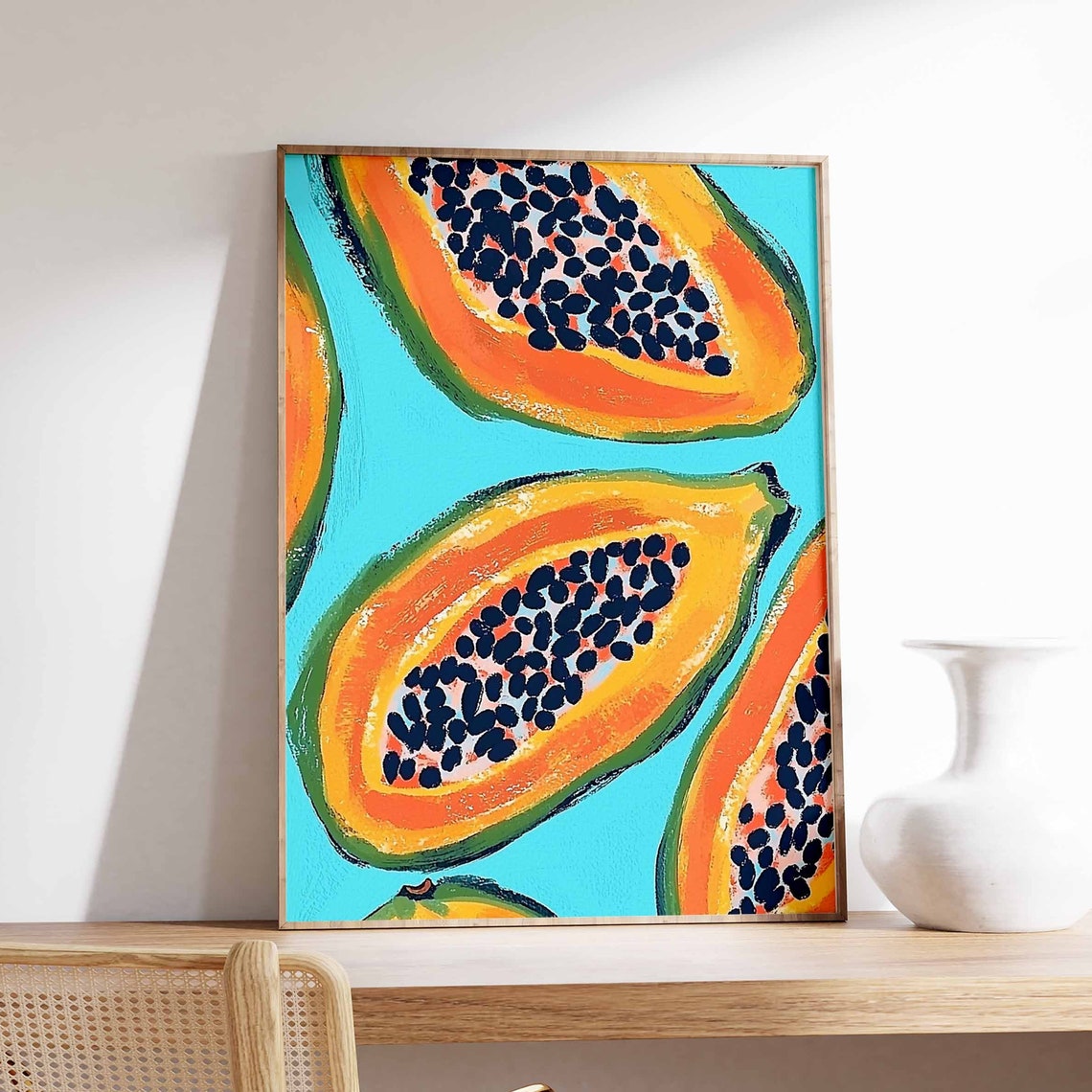 Lush Sliced Papaya Halves Turquoise Painterly Pop Art Poster