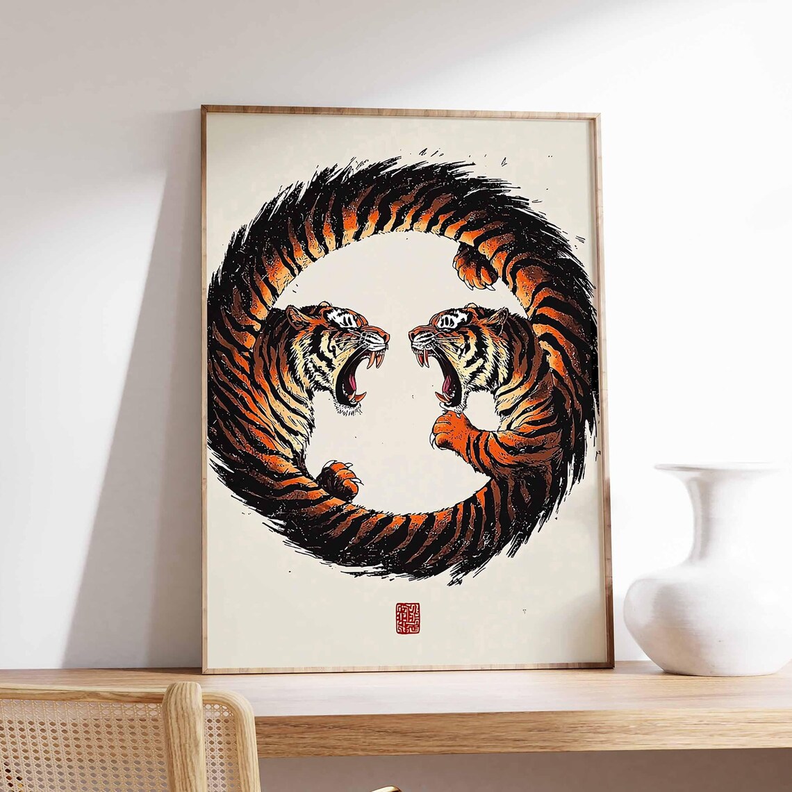 Roaring Twin Tigers Circle Japanese Animal Illustration Art Poster