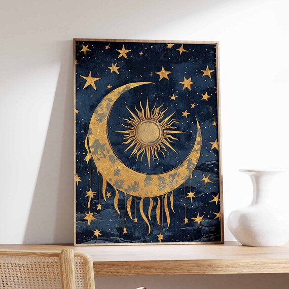 Textured Gold Crescent Moon Around Radiant Sun Midnight Poster