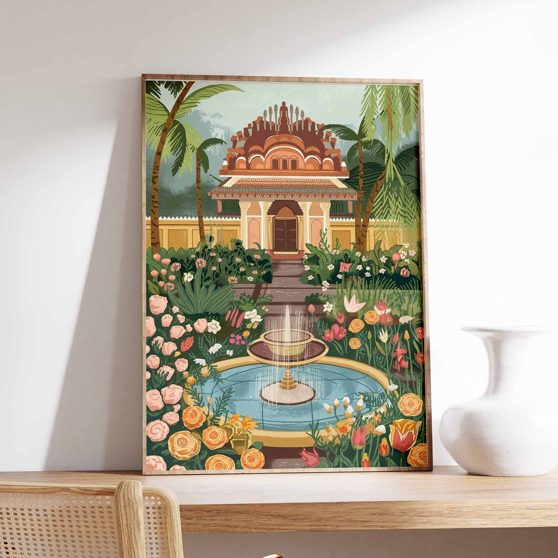 Indian Temple Garden Pink Roses Fountain Traditional Art Poster
