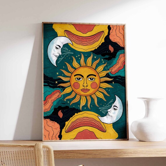 Sun And Moon Faces Colorful Folk Art Spiritual Wall Decor Poster