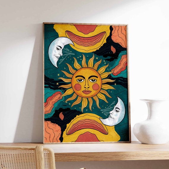 Sun And Moon Poster Celestial Poster Spiritual Decor Vintage Poster Retro Print 70s Poster Boho Poster Mystical Art Meditation Art