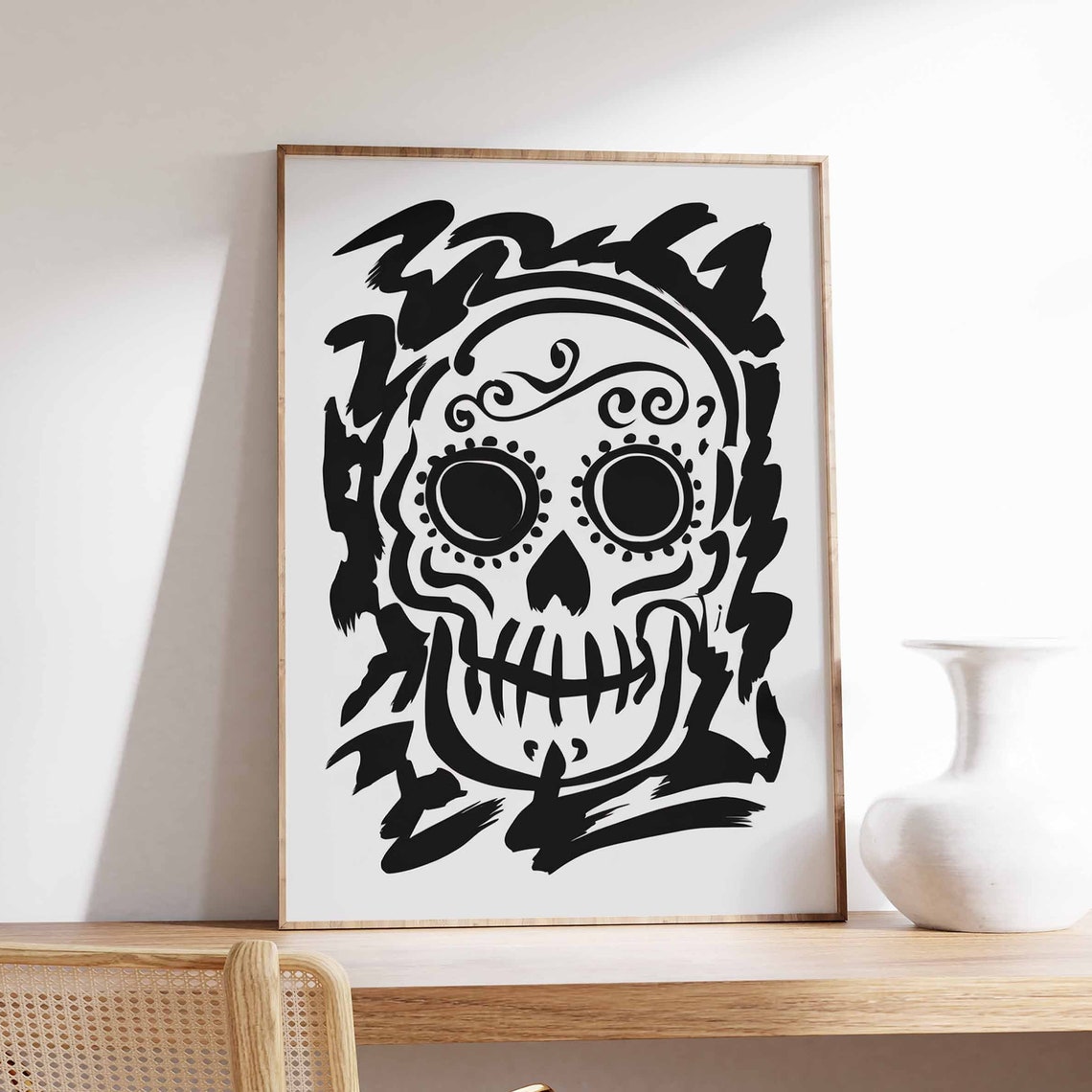 Sugar Skull With Vine Swirls Black Brushstroke Gothic Art Poster
