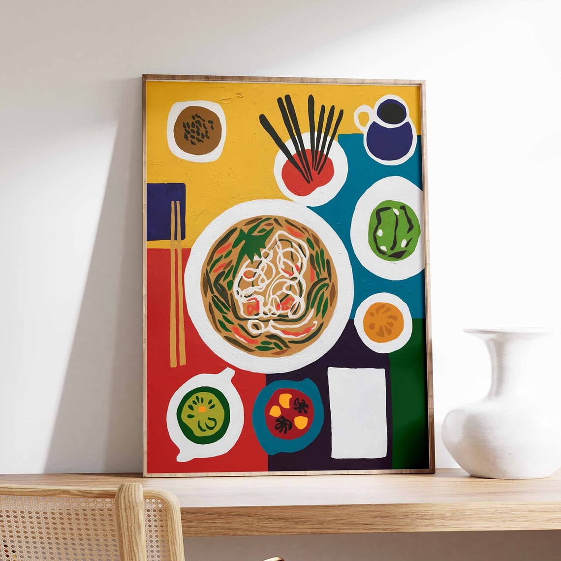 Vietnamese Pho Noodle Soup Bowl Folk Art Illustration Poster