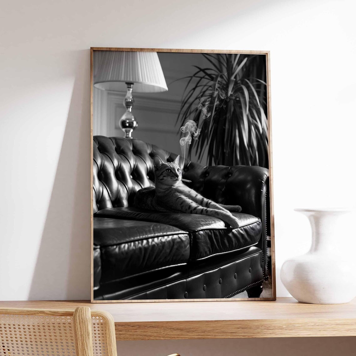 Smoking Tabby Cat Lounging On Leather Sofa Black And White Poster