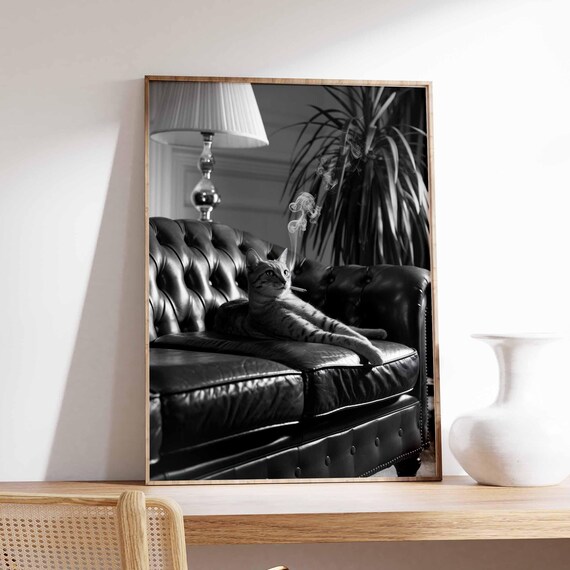 Smoking Tabby Cat Lounging On Leather Sofa Black And White Poster
