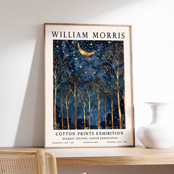 William Morris Golden Moonlit Forest Starry Night Exhibition Poster