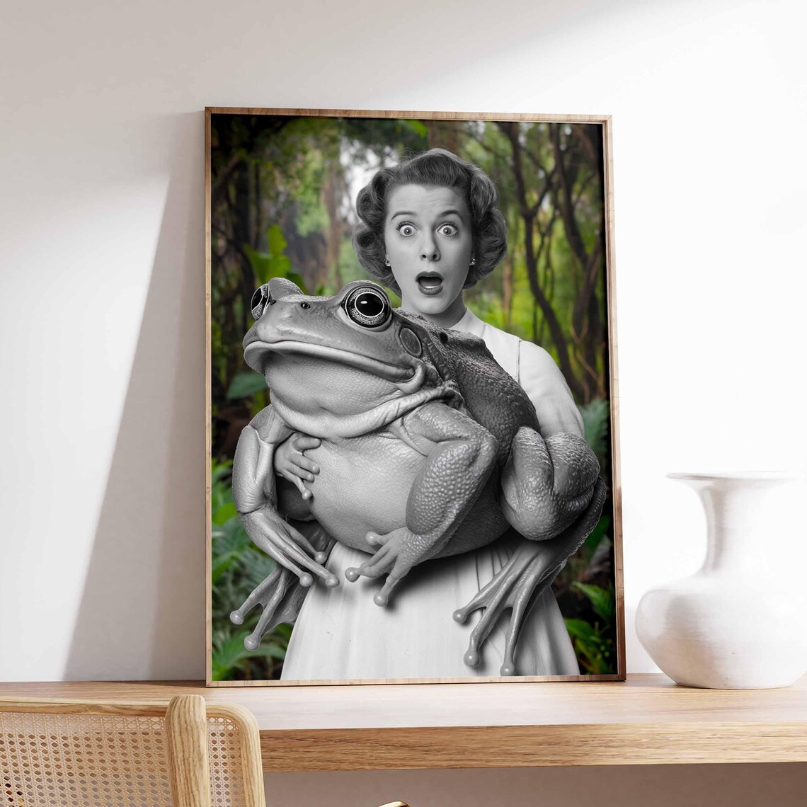 Surprised Woman With Giant Frog In Green Jungle Vintage Photo Poster