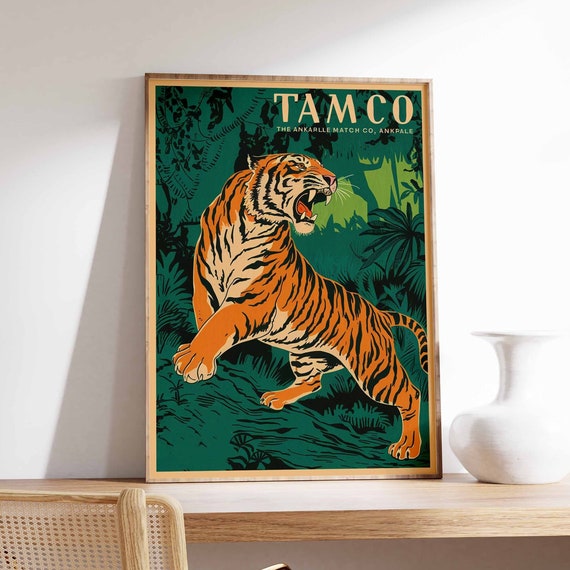 Vintage Tiger Print Indian Tiger Poster Tamco Matchbox Art Animal Print Animal Poster Animal Art Tropical Decor Jungle Art Tiger Art