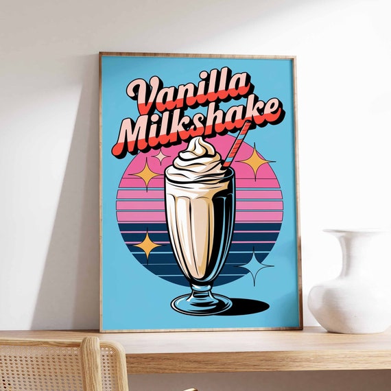 Retro Vanilla Milkshake Poster Milkshake Print Kitchen Decor Cafe Poster Retro Drinks Art Vintage Food Print Coffee Shop Decor