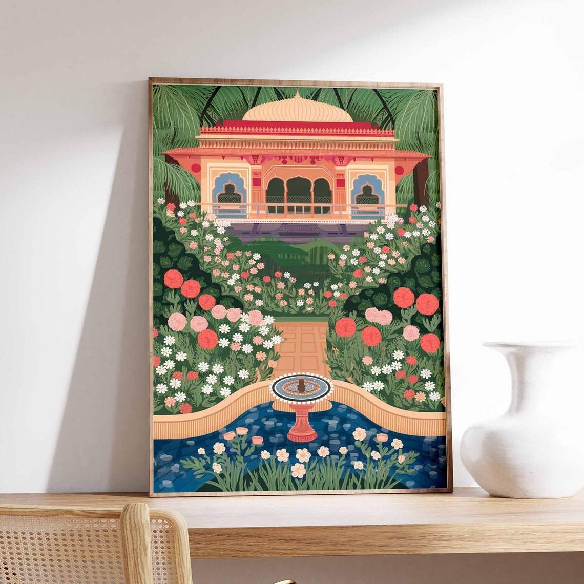 Indian Palace Garden Fountain Floral Traditional Artwork Poster