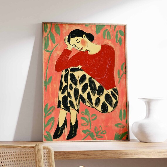 Woman in Red Sweater Spotted Pants Coral Background Art Poster