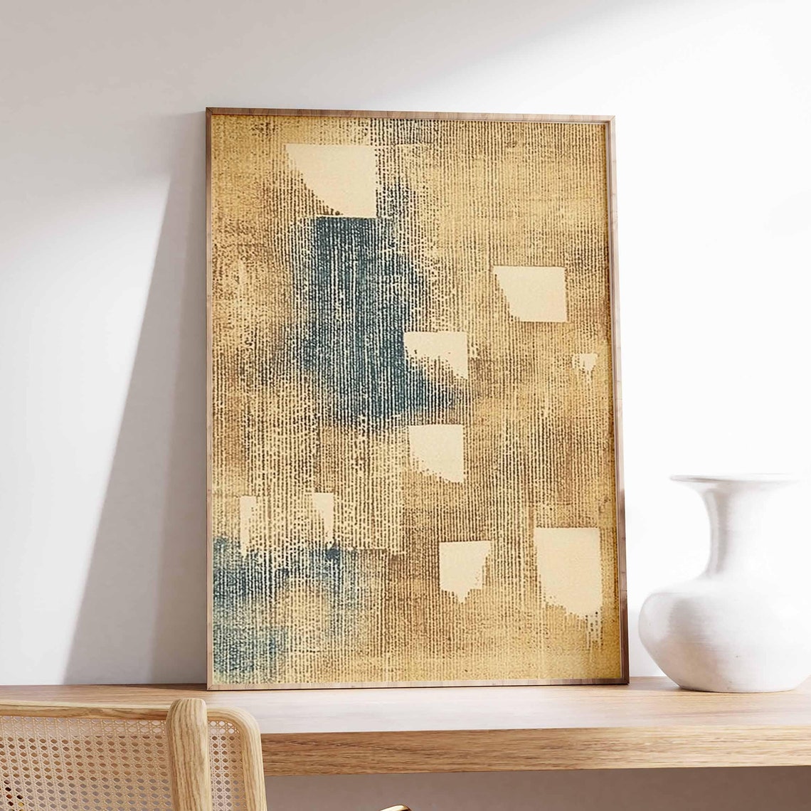 Beige Indigo Block Texture Vintage Japanese Abstract Art Poster