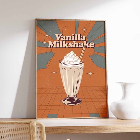 Retro Vanilla Milkshake Poster Milkshake Print Kitchen Decor Cafe Poster Retro Drinks Art Vintage Food Print Coffee Shop Decor