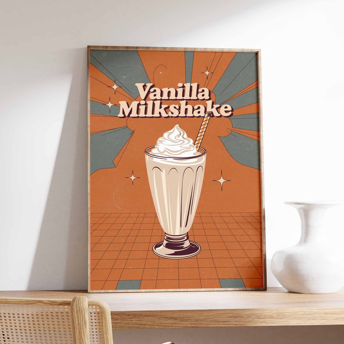Retro Vanilla Milkshake Sunburst Diner Illustration Kitchen Poster