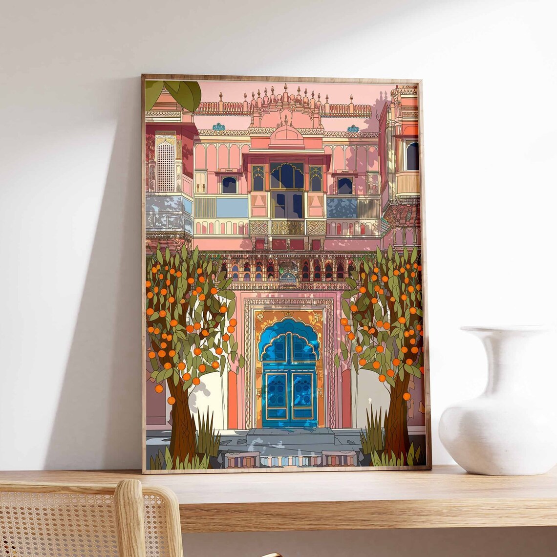 Pink Indian Palace Blue Door Orange Tree Illustration Poster
