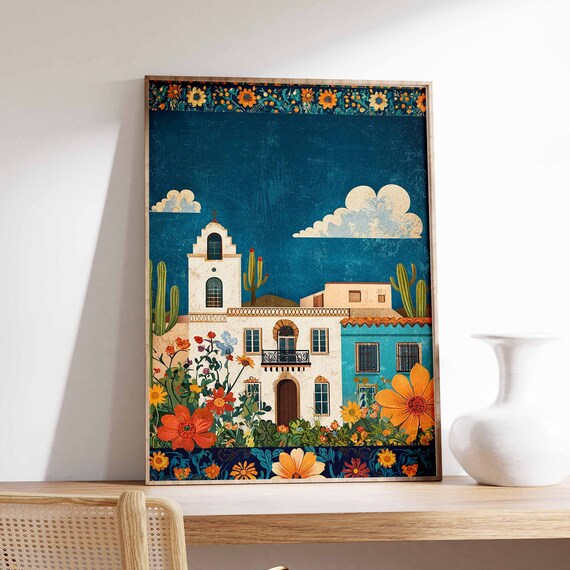 Mexican Colonial Town Mission Church Cacti Marigolds Art Poster