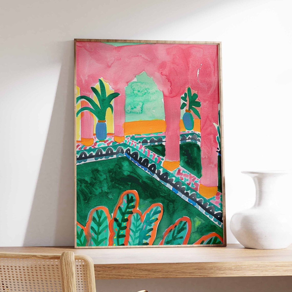 Pink Moroccan Courtyard With Arches Watercolor Garden Art Poster