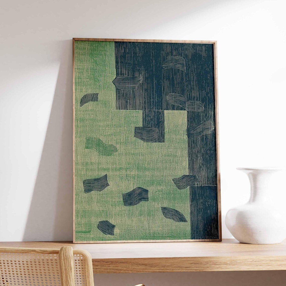 Navy Green Wave Geometry Vintage Japanese Abstract Art Poster