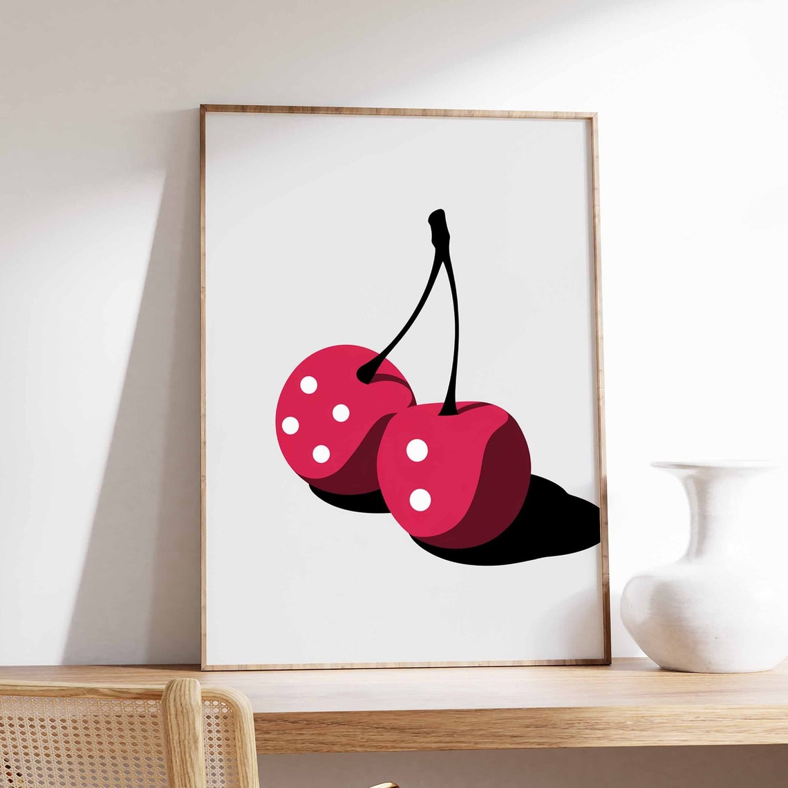 Bold Red Cherry Dice Dots Minimalist Retro Pop Art Fruit Poster