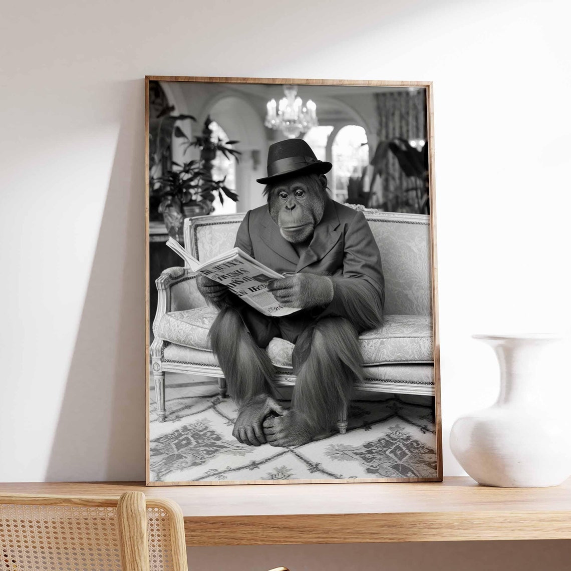 Orangutan In Suit And Fedora Reading Newspaper On Sofa Poster