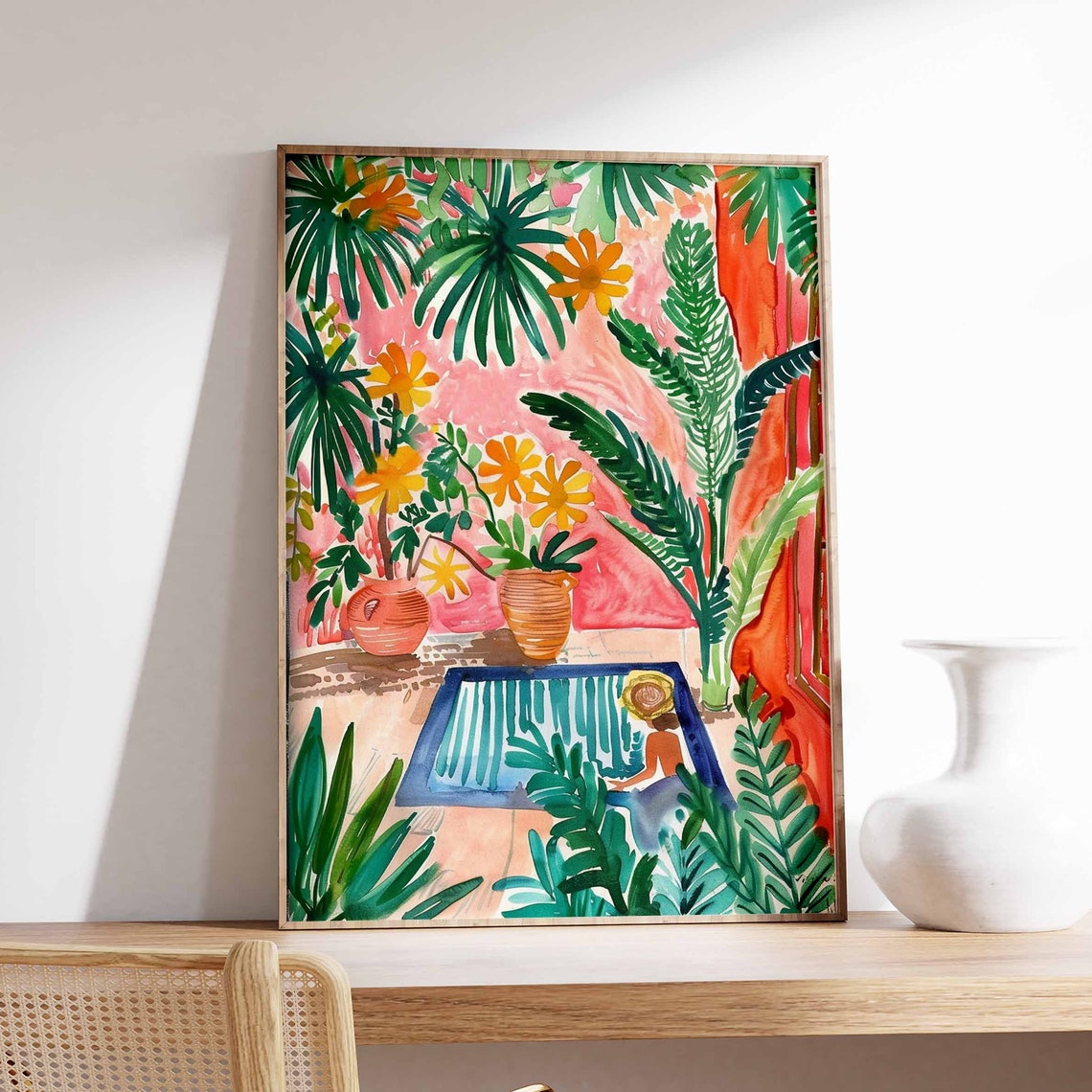Tropical Garden Palms Orange Flowers Blue Fountain Art Print
