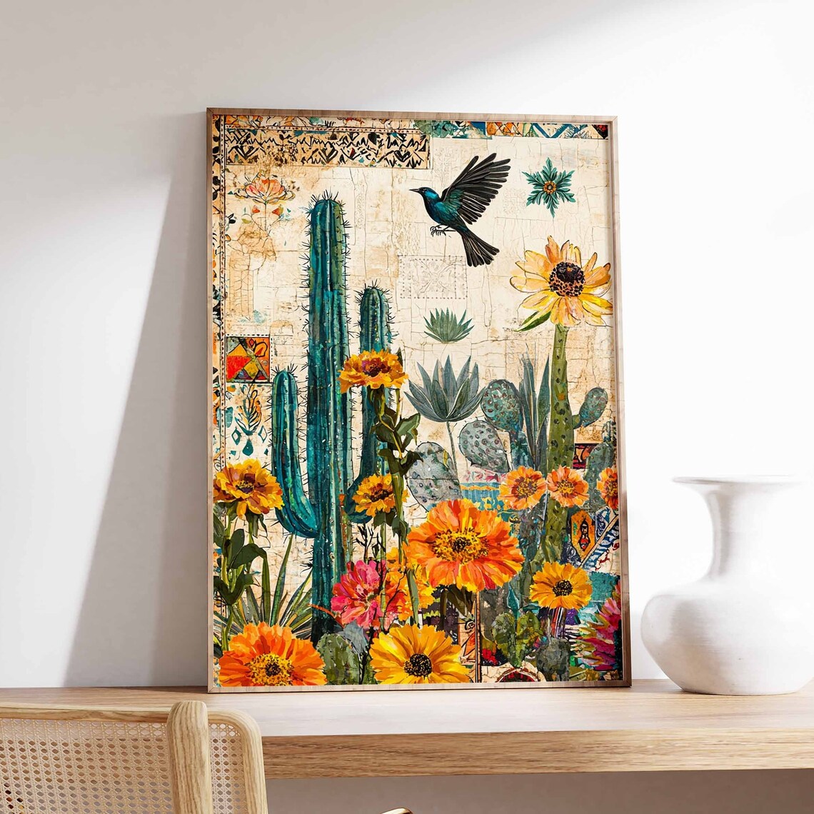 Cactus Sunflower Vintage Collage Bird Southwest Botanical Wall Art
