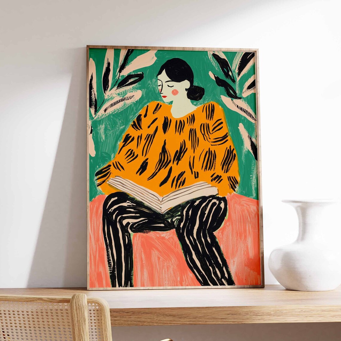 Woman Reading Book Orange Sweater Portrait Bold Color Art Poster