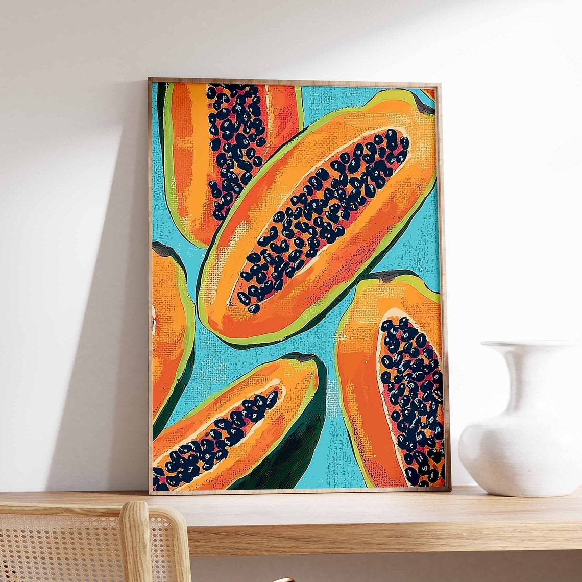 Bold Sliced Papaya Halves on Turquoise Bold Pop Art Style Poster