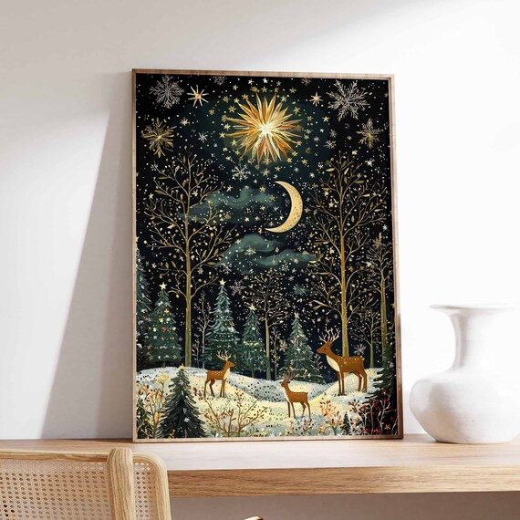 Starry Winter Night Forest With Deer And Golden Moonlight Poster