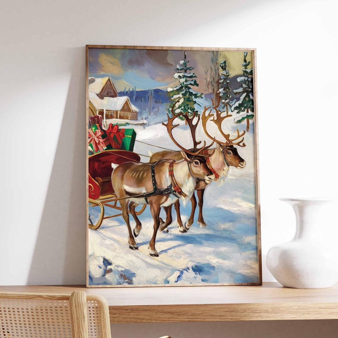 Reindeer Sleigh Gift Ride Snow Oil Painting Christmas Art Poster