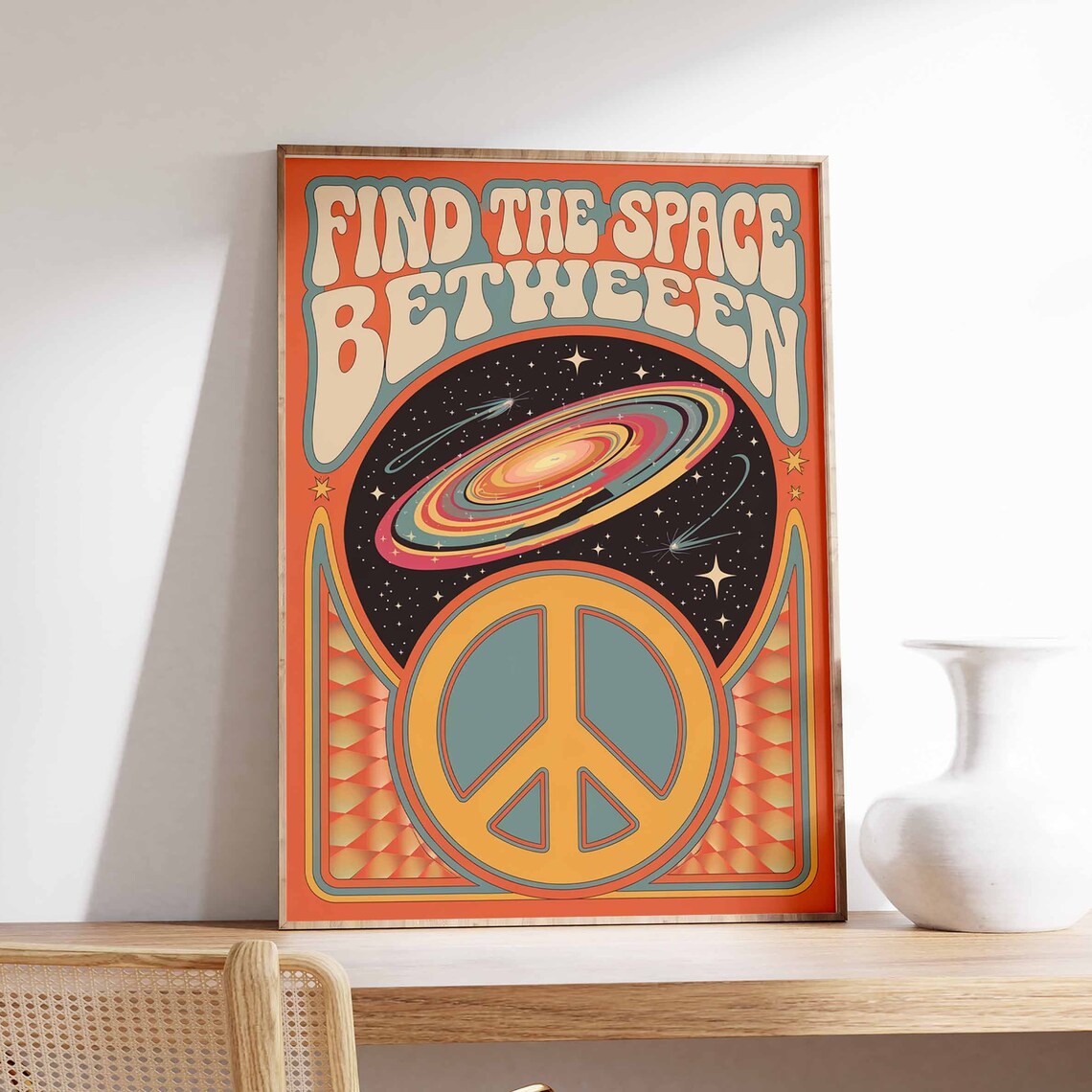 Find the Space Between Saturn Peace Sign 70s Retro Art Poster