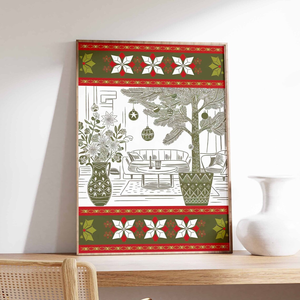 Christmas Cozy Living Room Festive Scandinavian Folk Art Poster