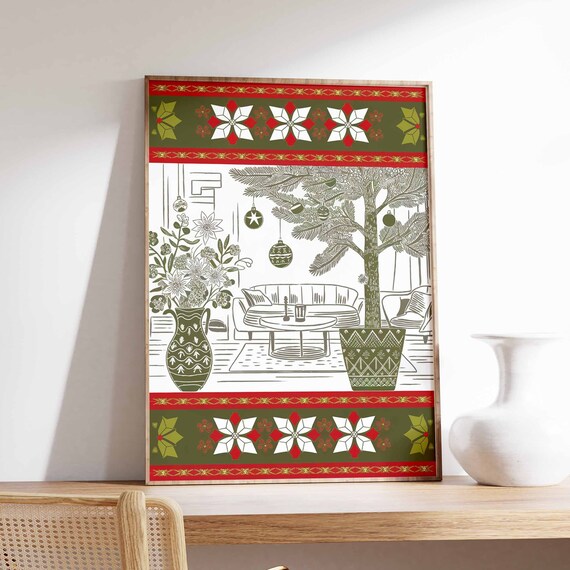 Christmas Cozy Living Room Festive Scandinavian Folk Art Poster