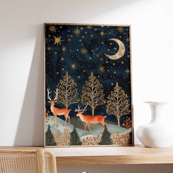 Two Orange Deer Under Starry Night Sky With Golden Trees Poster