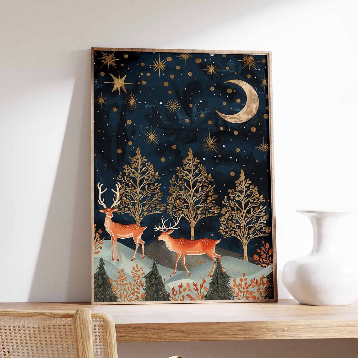 Two Orange Deer Under Starry Night Sky With Golden Trees Poster