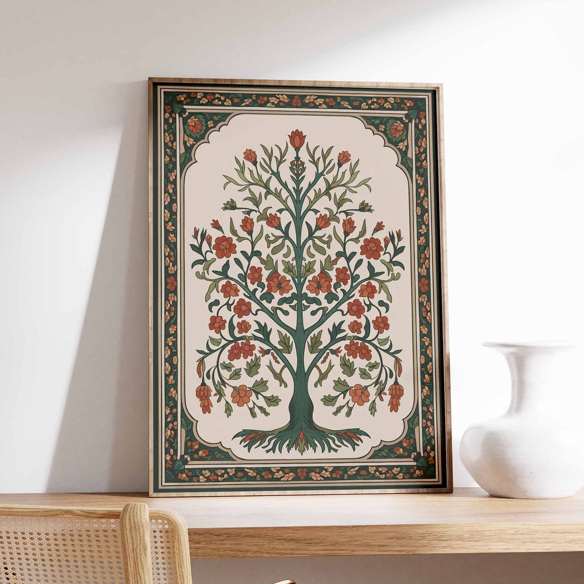 Teal Tree Orange Bud Blossom Arched Mughal Indian Folk Art Poster