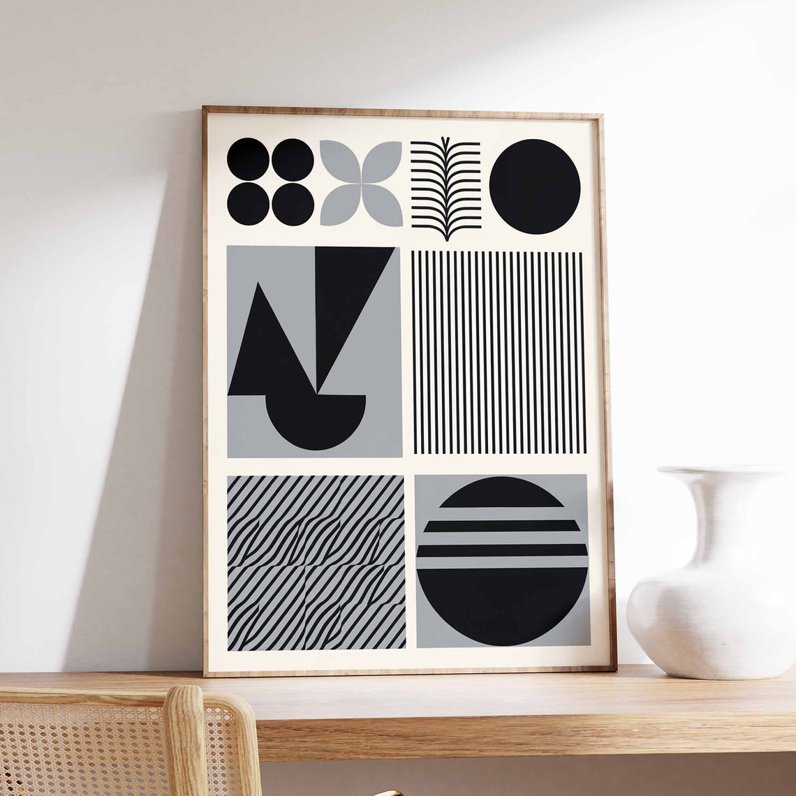 Black and White Geometric Grid Retro Mid Century Modern Abstract Print
