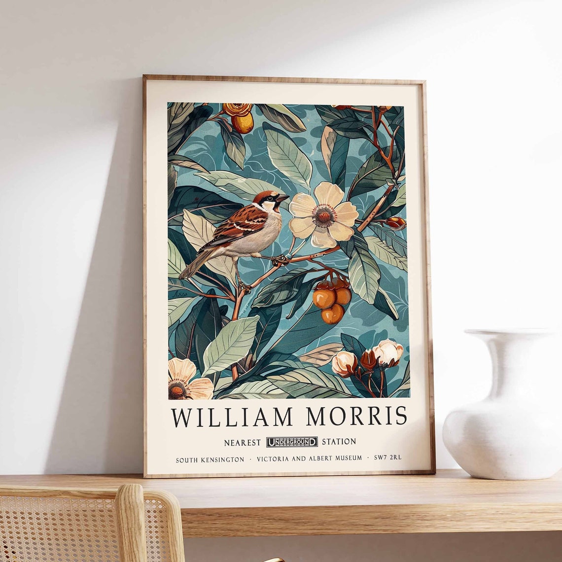 William Morris Bird on Branch With White Blossoms Teal Art Poster