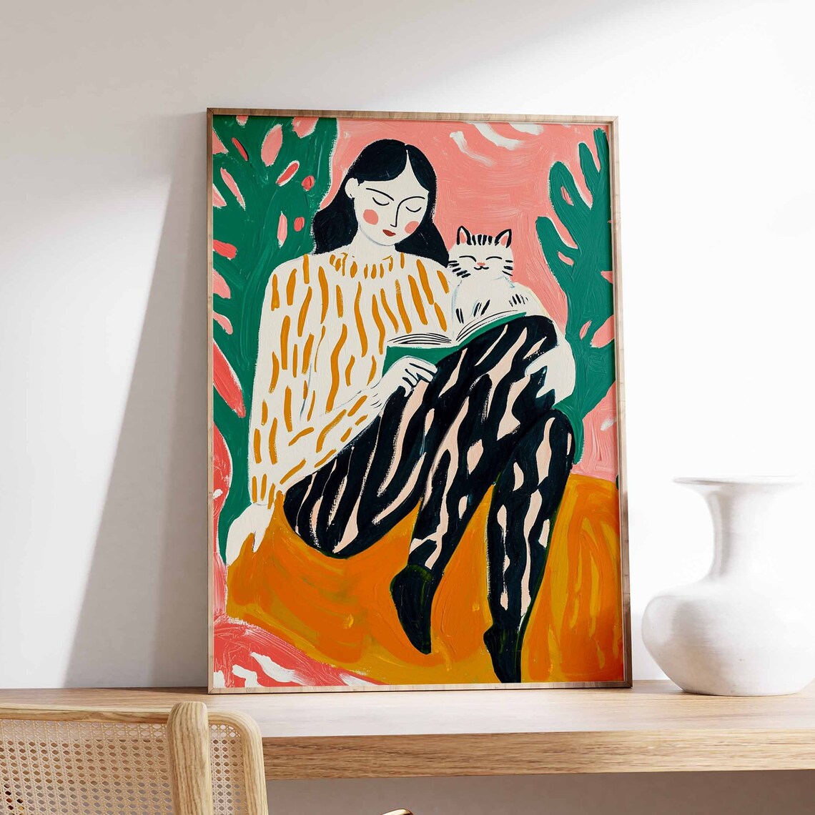 Woman Reading With White Cat Autumn Palette Modern Art Poster