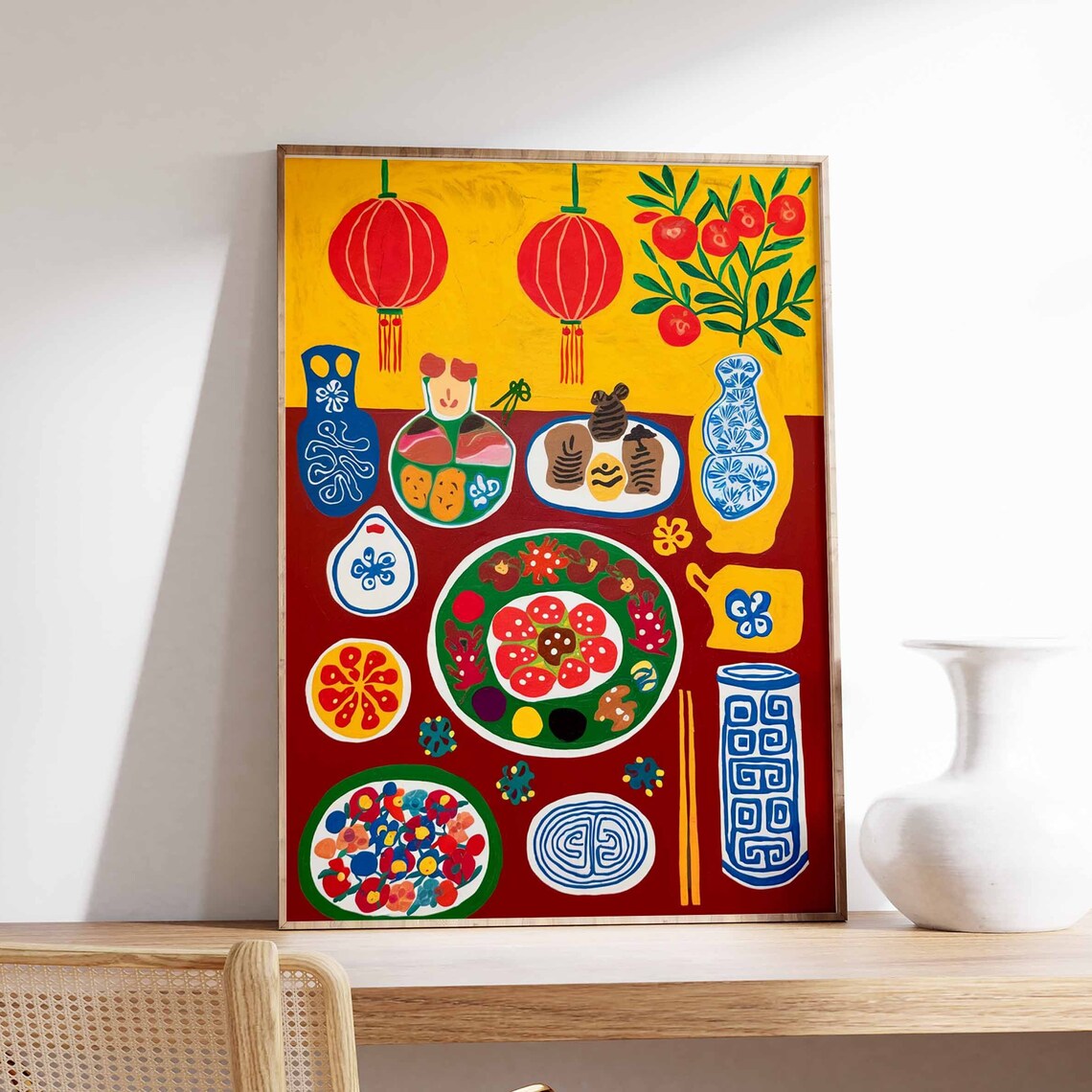 Lunar New Year Feast Folk Art Red Lantern Dim Sum Table Poster