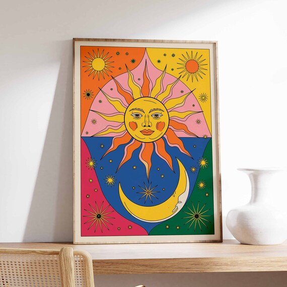 Colorful Retro Sun Face and Crescent Moon Boho Celestial Poster