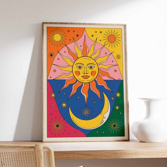 Sun And Moon Poster Celestial Poster Spiritual Decor Vintage Poster Retro Print 70s Poster Boho Poster Mystical Art Meditation Art