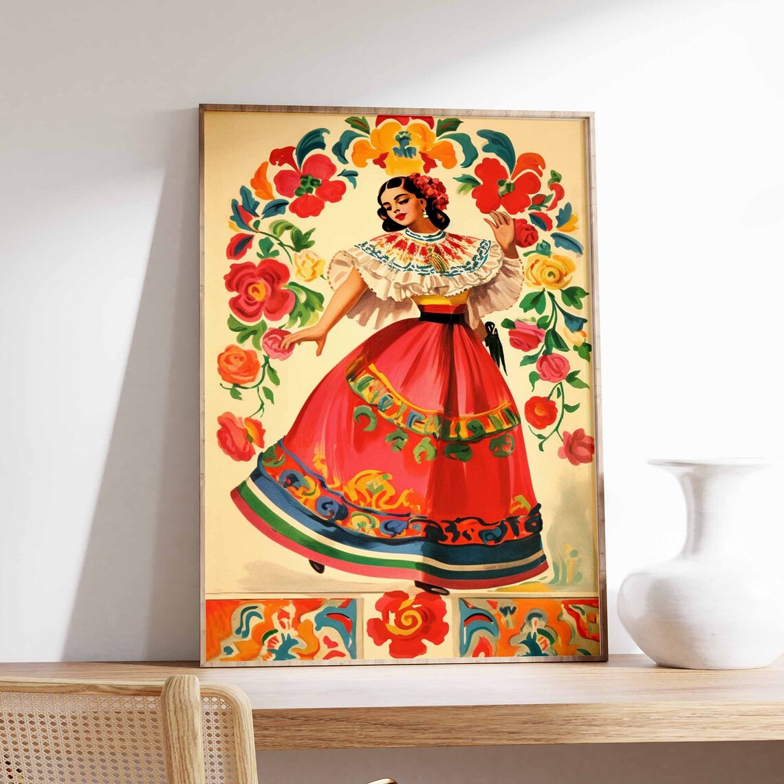 Vintage Mexican Folk Dancer In Floral Arch Traditional Art Poster