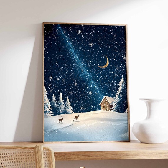 Milky Way Starry Night Over Snowy Hills With Deer And Cabin Poster