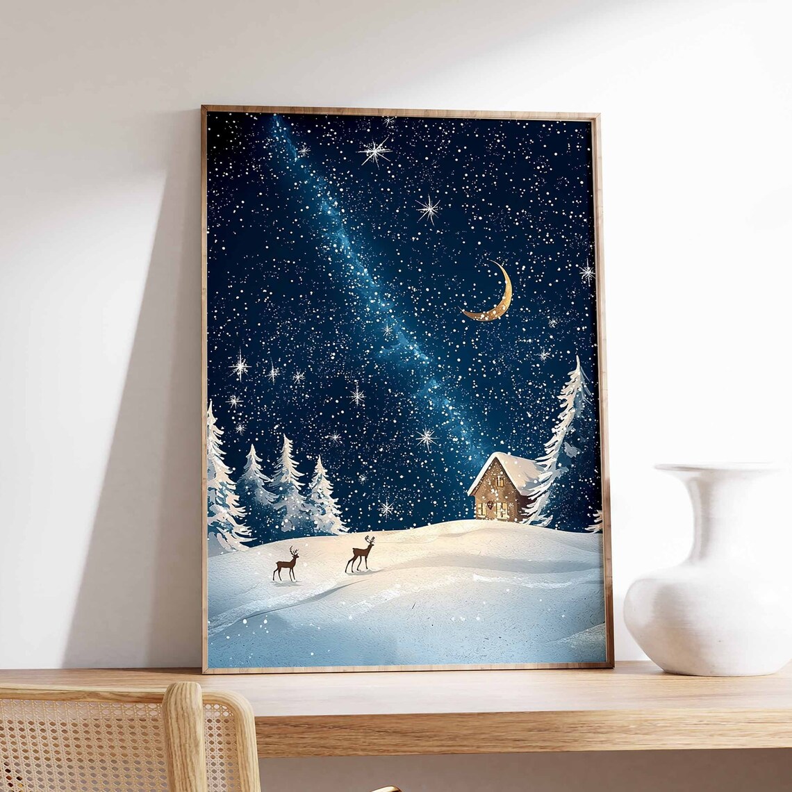 Milky Way Starry Night Over Snowy Hills With Deer And Cabin Poster
